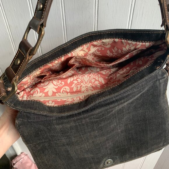 Vintage Y2K Guess Denim Shoulder Bag Spell Out Logo Rhinestones FLAW READ Brass - Picture 11 of 14